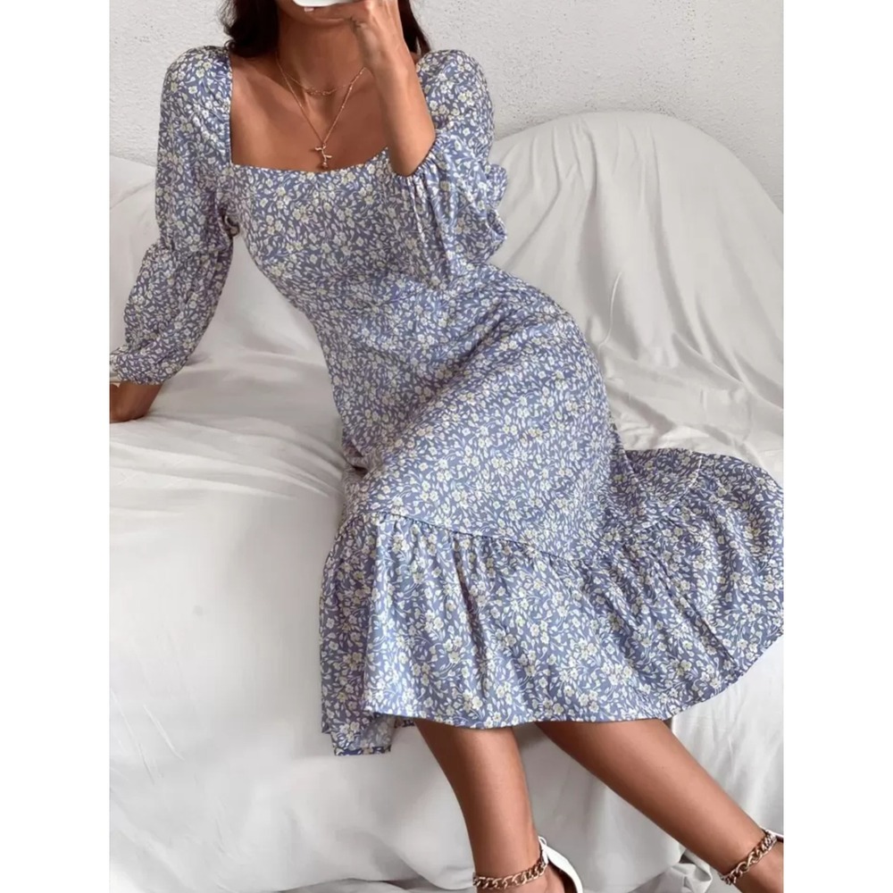 Empire Waist Blue Floral Midi Dress PuffSleeve Ruffle Hem Cottage Prairie Chic L